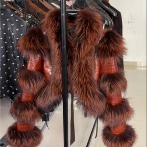 Luxurious Fox Fur and Leather Python Print Trim Bomber Jacket